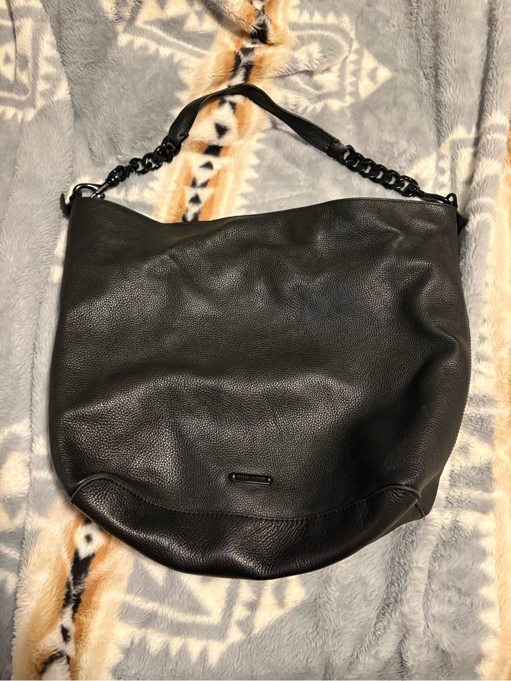 Rebecca Minkoff Black Leather Hobo Shoulder Bag with Chain Detail